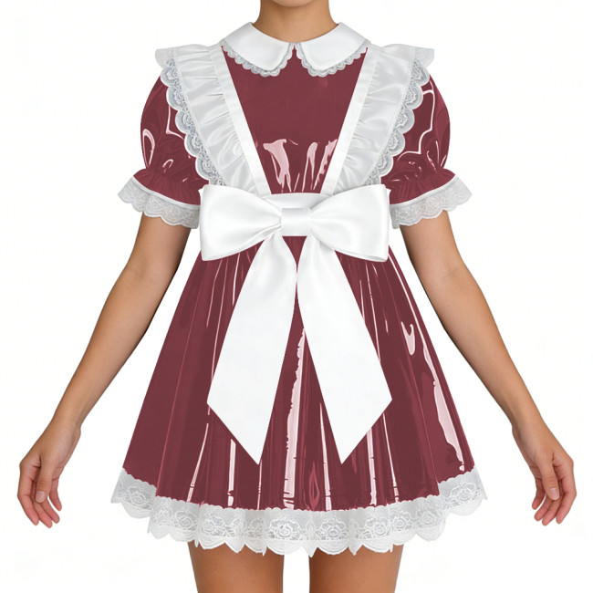 Lockable Shiny French Maid Mini Dress Sissy Lace Ruffles Bowknot Short Sleeve PVC A-line Dress Lolita Party Cosplay Uniforms 7XL