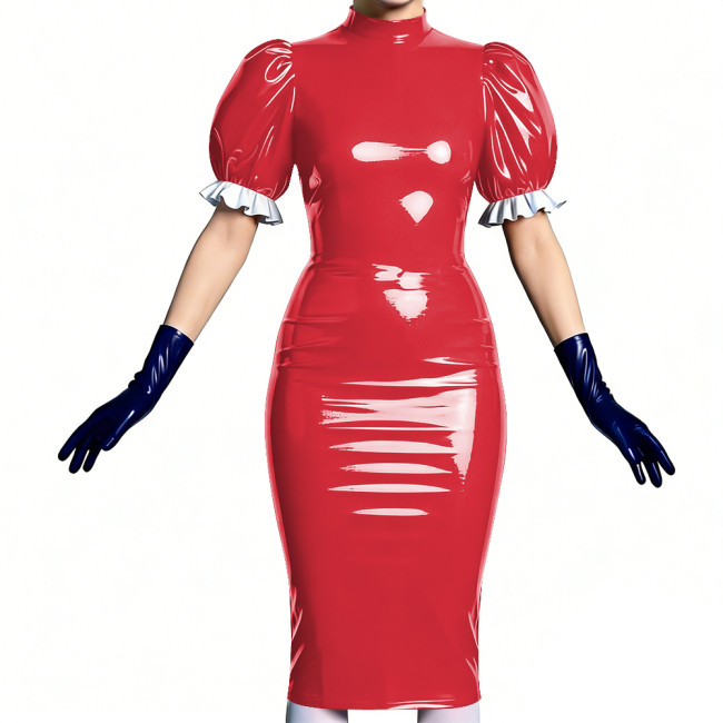 Women's Vinyl PVC Leather Bodycon Dress Shiny Patent Leather Puff Sleeve Midi Dress Party Sexy Slim-Fit Evening Dress No Gloves