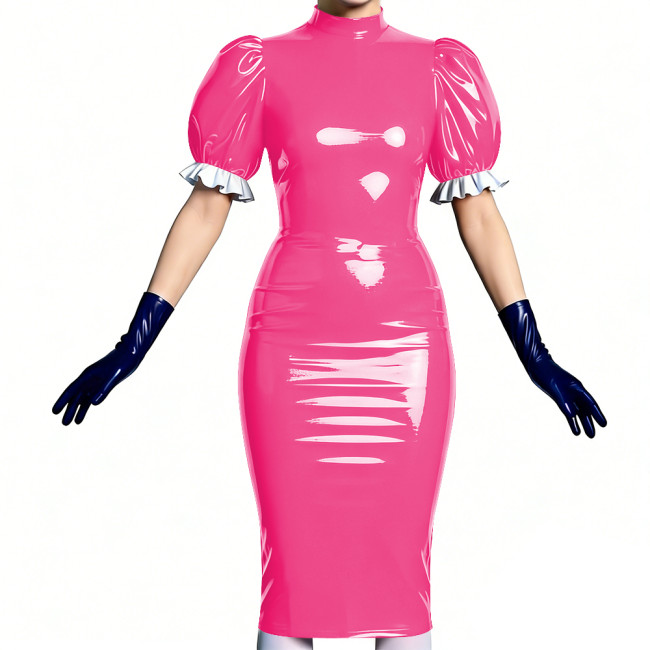 Women's Vinyl PVC Leather Bodycon Dress Shiny Patent Leather Puff Sleeve Midi Dress Party Sexy Slim-Fit Evening Dress No Gloves