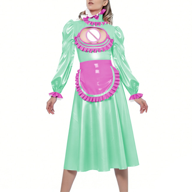 Shiny Sexy Hollow Party Maid Prom Dresses Bow Ruffles High Collar Long Sleeves Cosplay Maid Dress with Apron Maid Uniform Gown