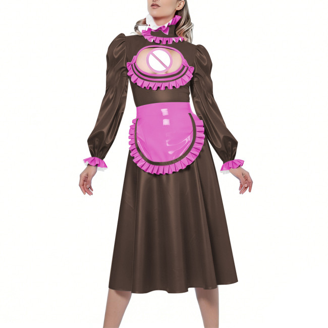 Shiny Sexy Hollow Party Maid Prom Dresses Bow Ruffles High Collar Long Sleeves Cosplay Maid Dress with Apron Maid Uniform Gown