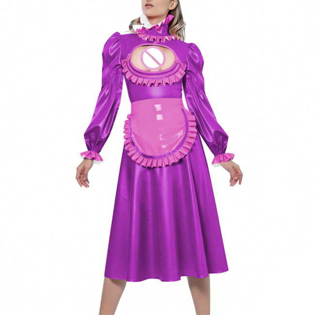 Shiny Sexy Hollow Party Maid Prom Dresses Bow Ruffles High Collar Long Sleeves Cosplay Maid Dress with Apron Maid Uniform Gown