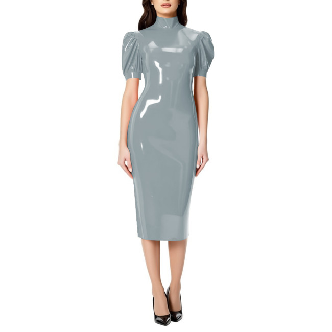 Fashion Chic PVC Glossy Leather Knee-length Dresses for Womens Sexy Nightclub Party Short Sleeve Gown Full Zipper Back Dresses