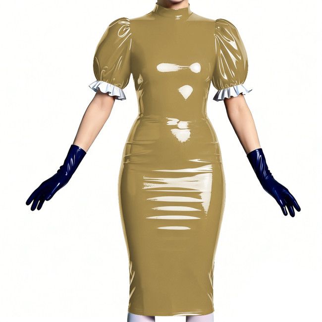 Women's Vinyl PVC Leather Bodycon Dress Shiny Patent Leather Puff Sleeve Midi Dress Party Sexy Slim-Fit Evening Dress No Gloves