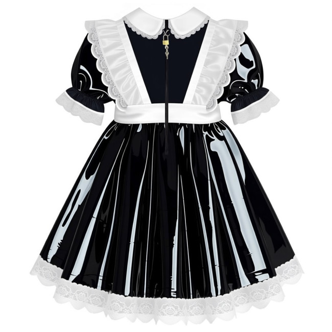 Lockable Shiny French Maid Mini Dress Sissy Lace Ruffles Bowknot Short Sleeve PVC A-line Dress Lolita Party Cosplay Uniforms 7XL