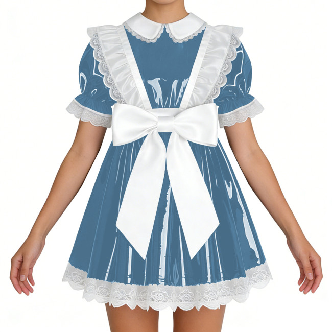 Lockable Shiny French Maid Mini Dress Sissy Lace Ruffles Bowknot Short Sleeve PVC A-line Dress Lolita Party Cosplay Uniforms 7XL