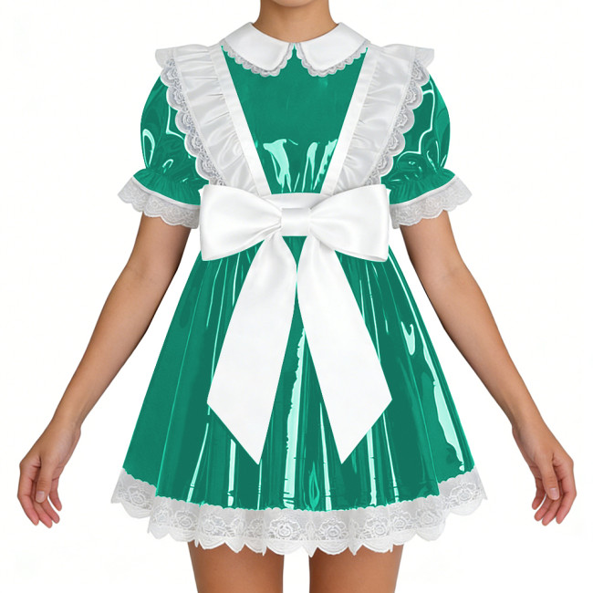 Lockable Shiny French Maid Mini Dress Sissy Lace Ruffles Bowknot Short Sleeve PVC A-line Dress Lolita Party Cosplay Uniforms 7XL
