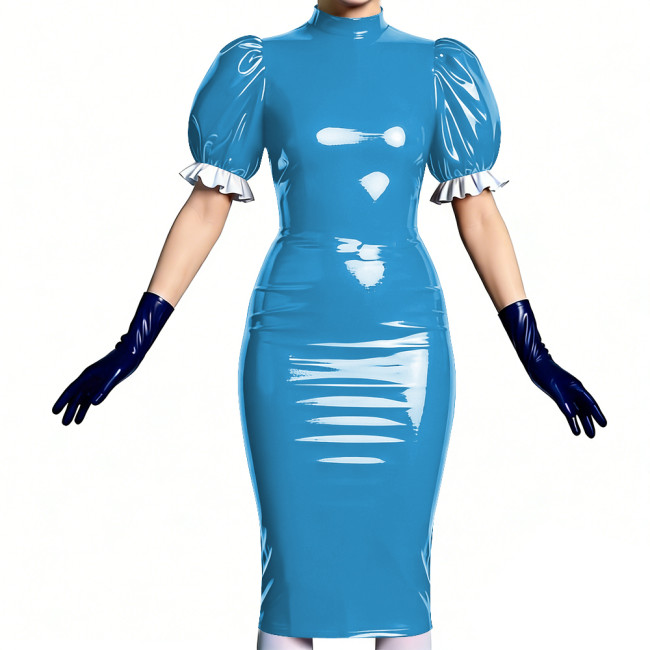 Women's Vinyl PVC Leather Bodycon Dress Shiny Patent Leather Puff Sleeve Midi Dress Party Sexy Slim-Fit Evening Dress No Gloves