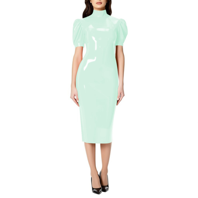 Fashion Chic PVC Glossy Leather Knee-length Dresses for Womens Sexy Nightclub Party Short Sleeve Gown Full Zipper Back Dresses