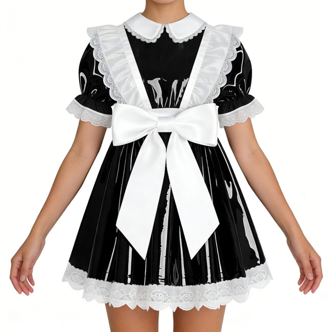 Lockable Shiny French Maid Mini Dress Sissy Lace Ruffles Bowknot Short Sleeve PVC A-line Dress Lolita Party Cosplay Uniforms 7XL