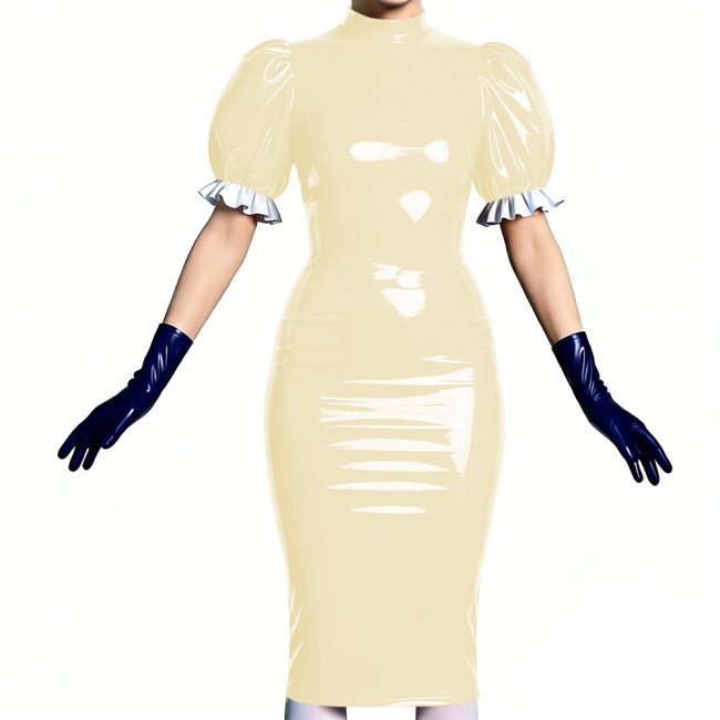 Women's Vinyl PVC Leather Bodycon Dress Shiny Patent Leather Puff Sleeve Midi Dress Party Sexy Slim-Fit Evening Dress No Gloves