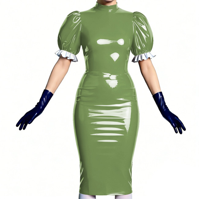 Women's Vinyl PVC Leather Bodycon Dress Shiny Patent Leather Puff Sleeve Midi Dress Party Sexy Slim-Fit Evening Dress No Gloves
