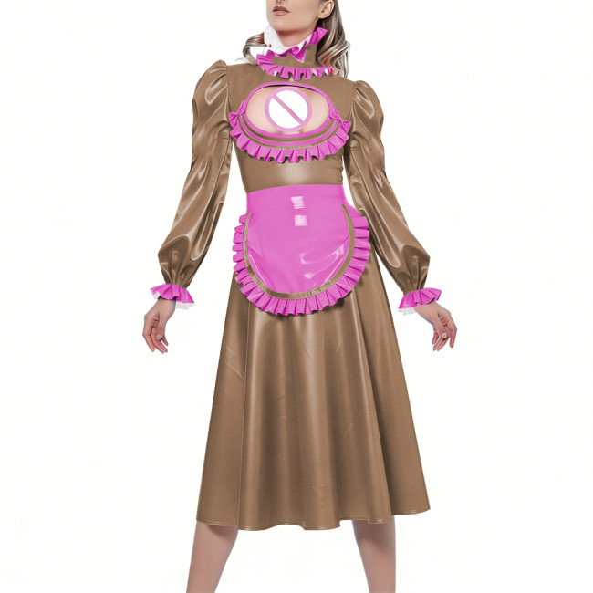 Shiny Sexy Hollow Party Maid Prom Dresses Bow Ruffles High Collar Long Sleeves Cosplay Maid Dress with Apron Maid Uniform Gown