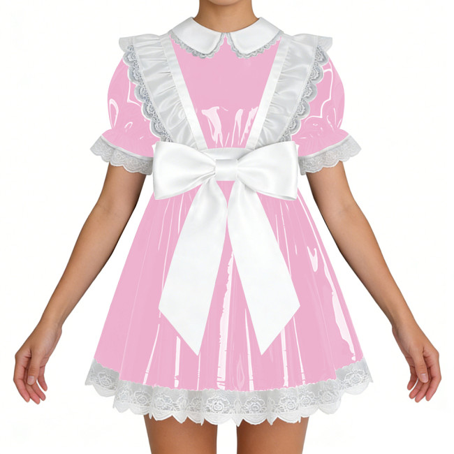 Lockable Shiny French Maid Mini Dress Sissy Lace Ruffles Bowknot Short Sleeve PVC A-line Dress Lolita Party Cosplay Uniforms 7XL
