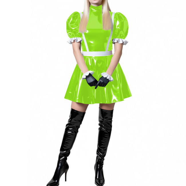 Puff Sleeve Latex-look PVC French Mini Dress for Women's High Neck Glossy Leather A-line Dress Party Roleplay Clubwear Outfit