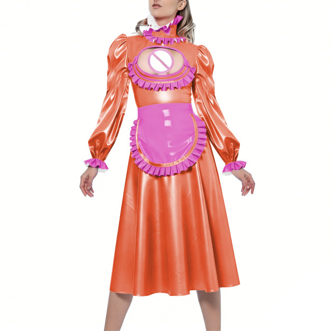 Shiny Sexy Hollow Party Maid Prom Dresses Bow Ruffles High Collar Long Sleeves Cosplay Maid Dress with Apron Maid Uniform Gown