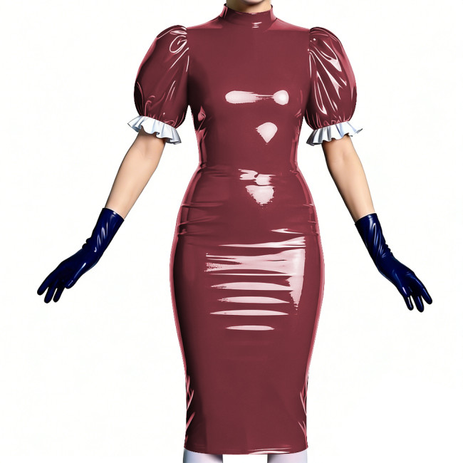 Women's Vinyl PVC Leather Bodycon Dress Shiny Patent Leather Puff Sleeve Midi Dress Party Sexy Slim-Fit Evening Dress No Gloves