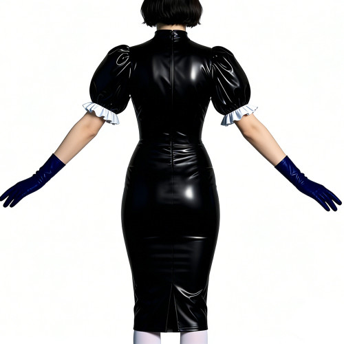 Women's Vinyl PVC Leather Bodycon Dress Shiny Patent Leather Puff Sleeve Midi Dress Party Sexy Slim-Fit Evening Dress No Gloves
