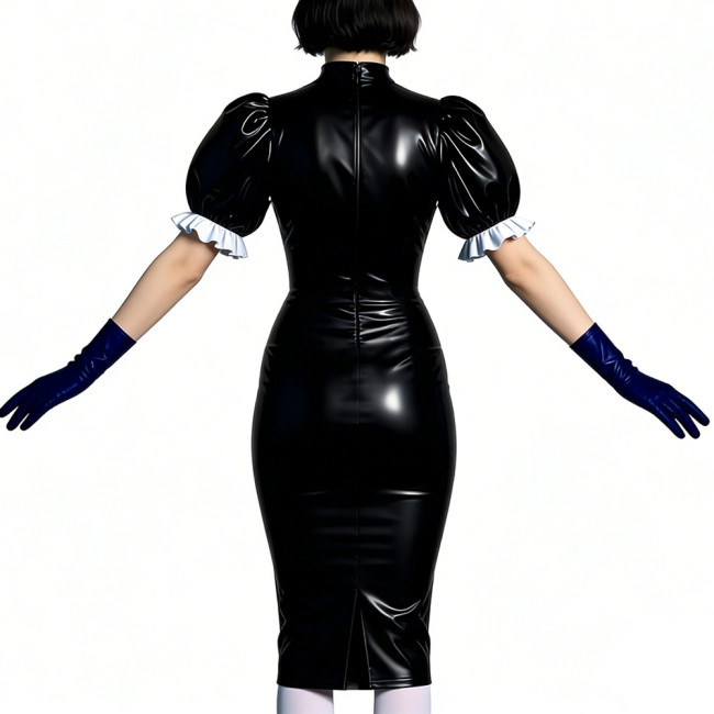 Women's Vinyl PVC Leather Bodycon Dress Shiny Patent Leather Puff Sleeve Midi Dress Party Sexy Slim-Fit Evening Dress No Gloves