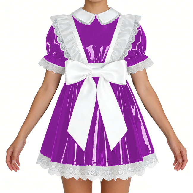 Lockable Shiny French Maid Mini Dress Sissy Lace Ruffles Bowknot Short Sleeve PVC A-line Dress Lolita Party Cosplay Uniforms 7XL