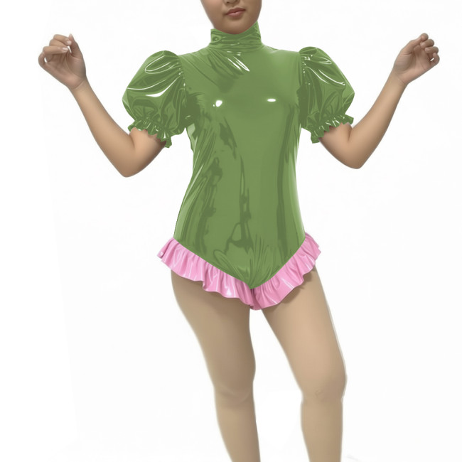 Womens Shiny Turtleneck Bodysuit Puff Short Sleeve PVC Vinyl Leather Ruffles Trimming Leotard Sexy Glossy Raves Party Rompers