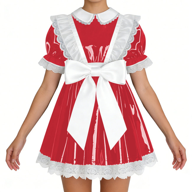 Lockable Shiny French Maid Mini Dress Sissy Lace Ruffles Bowknot Short Sleeve PVC A-line Dress Lolita Party Cosplay Uniforms 7XL