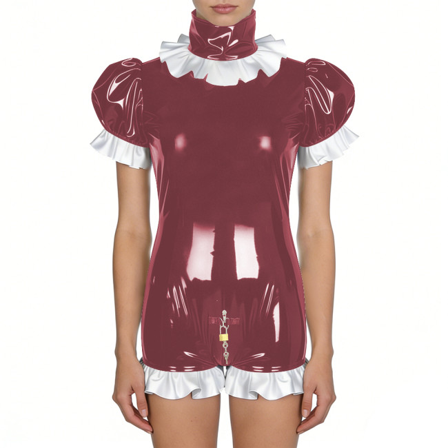 Women's Shiny PVC Ruffles Trim Bodycon Romper with Lock Puff Short Sleeves High Neck Zipper Open Crotch Bodysuit Cosplay Outfit