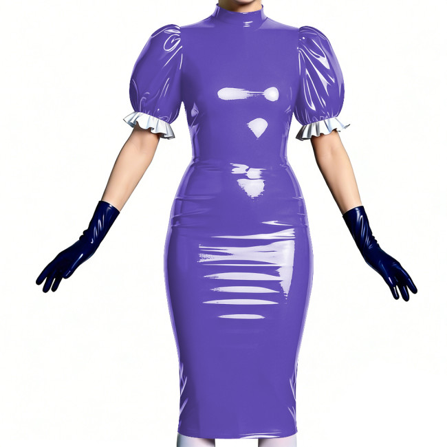 Women's Vinyl PVC Leather Bodycon Dress Shiny Patent Leather Puff Sleeve Midi Dress Party Sexy Slim-Fit Evening Dress No Gloves