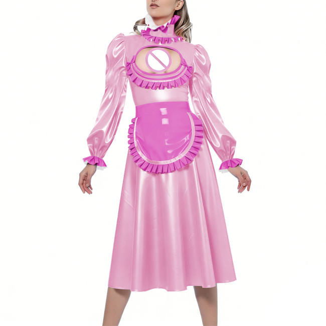 Shiny Sexy Hollow Party Maid Prom Dresses Bow Ruffles High Collar Long Sleeves Cosplay Maid Dress with Apron Maid Uniform Gown
