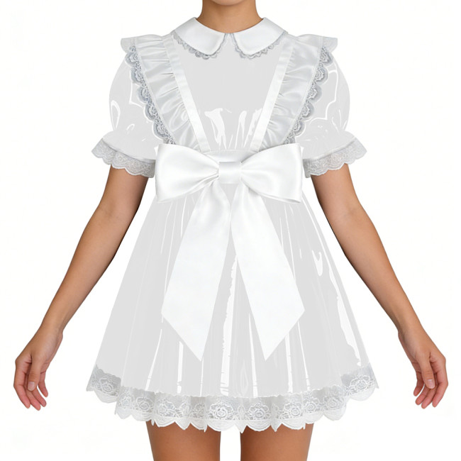 Lockable Shiny French Maid Mini Dress Sissy Lace Ruffles Bowknot Short Sleeve PVC A-line Dress Lolita Party Cosplay Uniforms 7XL