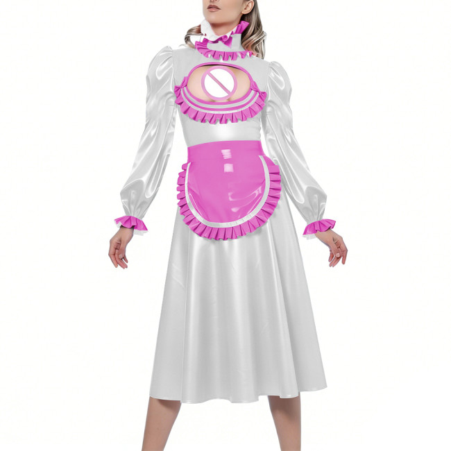 Shiny Sexy Hollow Party Maid Prom Dresses Bow Ruffles High Collar Long Sleeves Cosplay Maid Dress with Apron Maid Uniform Gown