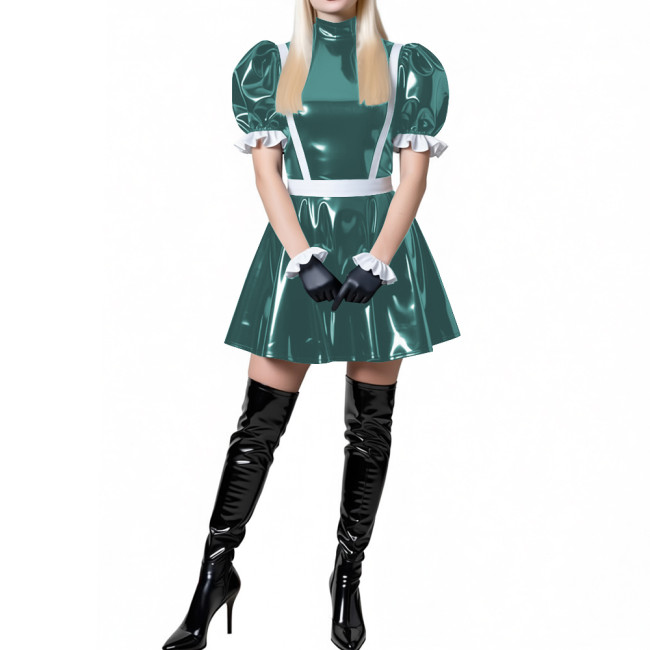 Puff Sleeve Latex-look PVC French Mini Dress for Women's High Neck Glossy Leather A-line Dress Party Roleplay Clubwear Outfit