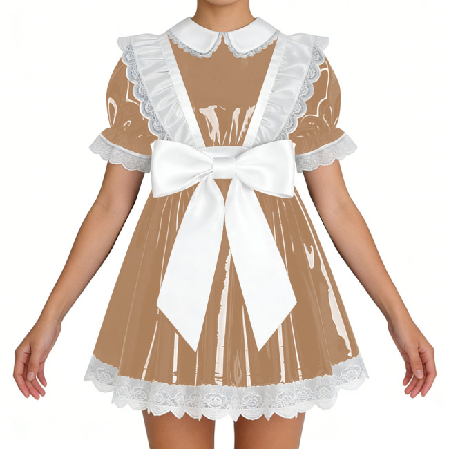 Lockable Shiny French Maid Mini Dress Sissy Lace Ruffles Bowknot Short Sleeve PVC A-line Dress Lolita Party Cosplay Uniforms 7XL