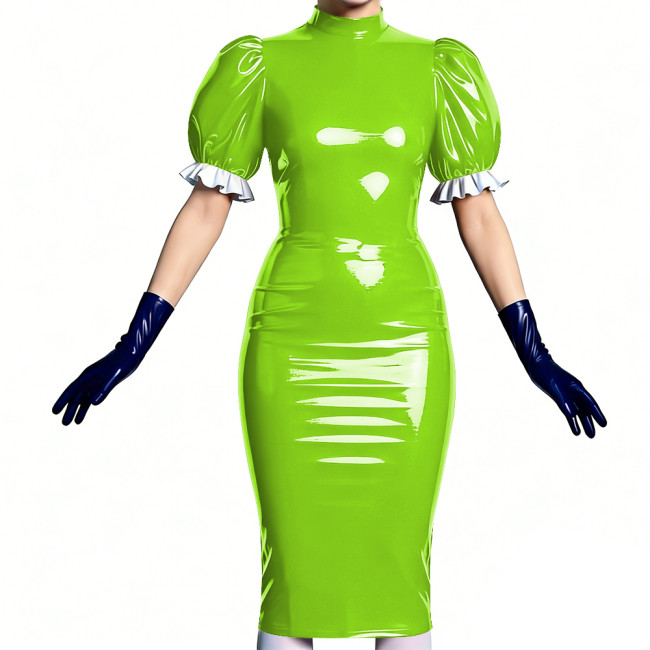 Women's Vinyl PVC Leather Bodycon Dress Shiny Patent Leather Puff Sleeve Midi Dress Party Sexy Slim-Fit Evening Dress No Gloves