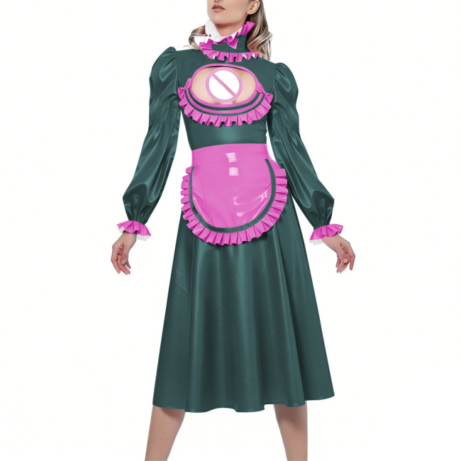Shiny Sexy Hollow Party Maid Prom Dresses Bow Ruffles High Collar Long Sleeves Cosplay Maid Dress with Apron Maid Uniform Gown