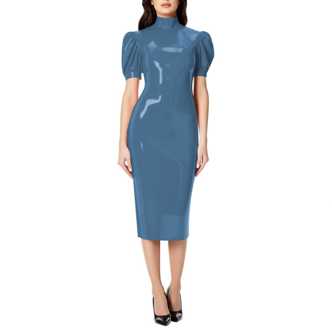 Fashion Chic PVC Glossy Leather Knee-length Dresses for Womens Sexy Nightclub Party Short Sleeve Gown Full Zipper Back Dresses