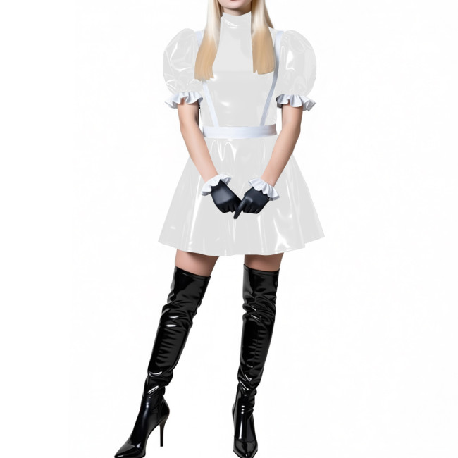 Puff Sleeve Latex-look PVC French Mini Dress for Women's High Neck Glossy Leather A-line Dress Party Roleplay Clubwear Outfit