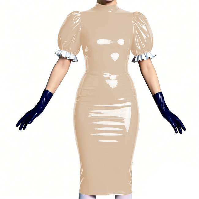 Women's Vinyl PVC Leather Bodycon Dress Shiny Patent Leather Puff Sleeve Midi Dress Party Sexy Slim-Fit Evening Dress No Gloves