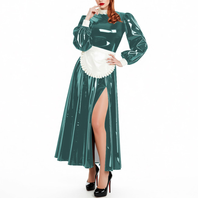 Lockable Shiny Long-Sleeve Maid Pleated Dress Outfits Wetlook PVC Leather High Slit Party Apron Maid Uniforms Halloween Roleplay