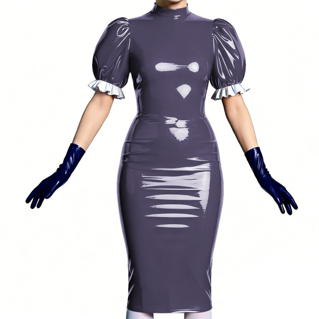 Women's Vinyl PVC Leather Bodycon Dress Shiny Patent Leather Puff Sleeve Midi Dress Party Sexy Slim-Fit Evening Dress No Gloves