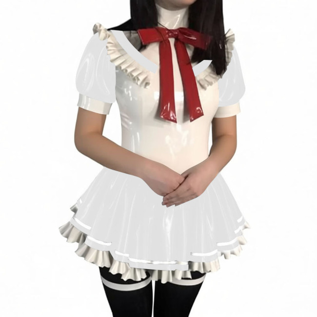 Women Sweet Preppy Bow Mini A Line Dresses PVC Glossy Leather Pleated Dress Dor Halloween Coslay Theme Party Dress-up Outfits
