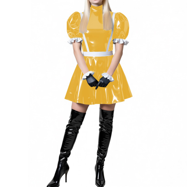Puff Sleeve Latex-look PVC French Mini Dress for Women's High Neck Glossy Leather A-line Dress Party Roleplay Clubwear Outfit