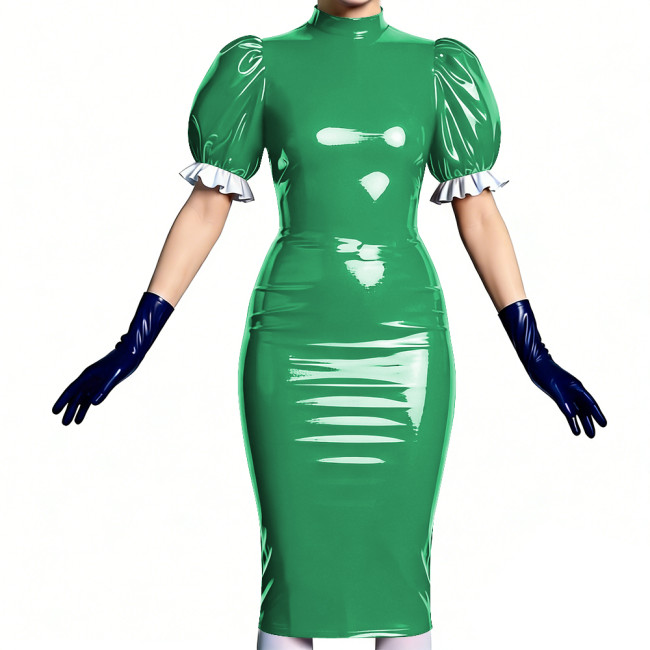 Women's Vinyl PVC Leather Bodycon Dress Shiny Patent Leather Puff Sleeve Midi Dress Party Sexy Slim-Fit Evening Dress No Gloves