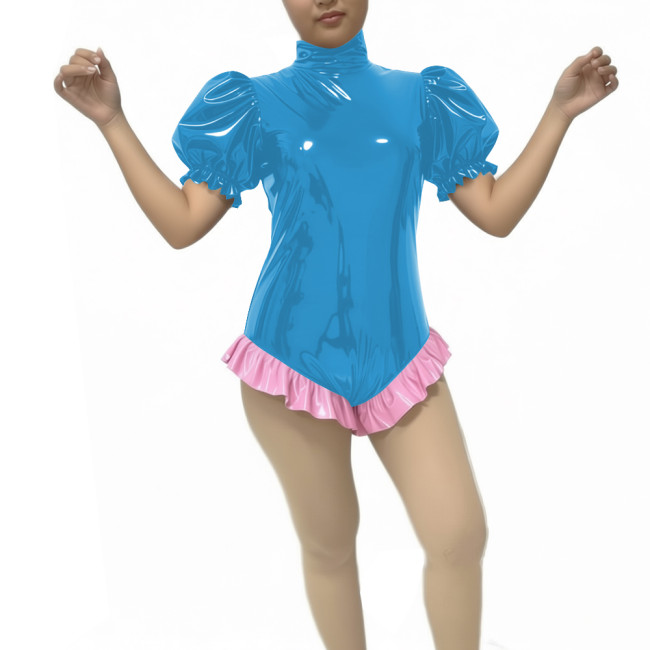 Womens Shiny Turtleneck Bodysuit Puff Short Sleeve PVC Vinyl Leather Ruffles Trimming Leotard Sexy Glossy Raves Party Rompers