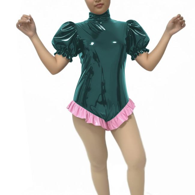 Womens Shiny Turtleneck Bodysuit Puff Short Sleeve PVC Vinyl Leather Ruffles Trimming Leotard Sexy Glossy Raves Party Rompers