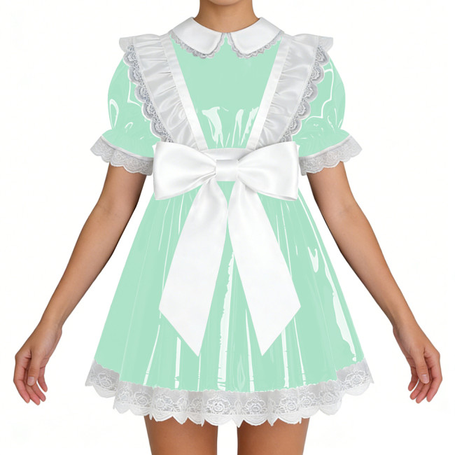 Lockable Shiny French Maid Mini Dress Sissy Lace Ruffles Bowknot Short Sleeve PVC A-line Dress Lolita Party Cosplay Uniforms 7XL