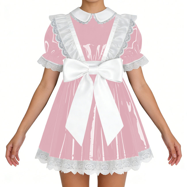 Lockable Shiny French Maid Mini Dress Sissy Lace Ruffles Bowknot Short Sleeve PVC A-line Dress Lolita Party Cosplay Uniforms 7XL