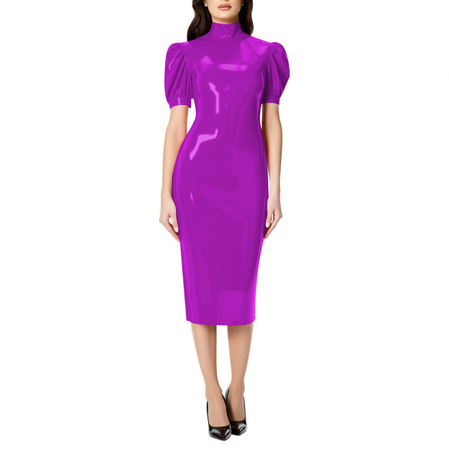 Fashion Chic PVC Glossy Leather Knee-length Dresses for Womens Sexy Nightclub Party Short Sleeve Gown Full Zipper Back Dresses