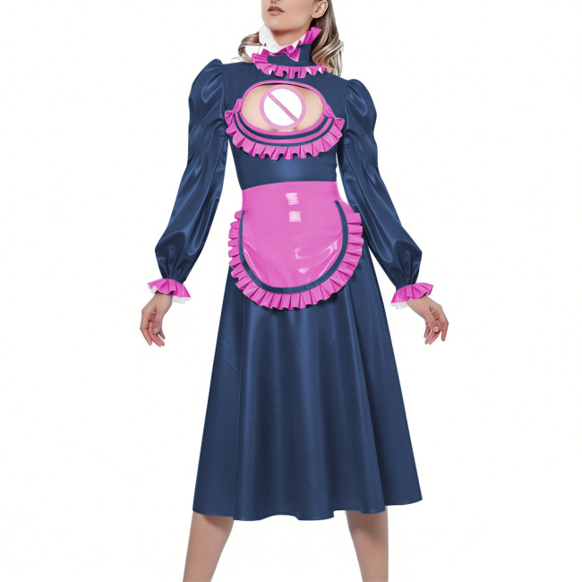 Shiny Sexy Hollow Party Maid Prom Dresses Bow Ruffles High Collar Long Sleeves Cosplay Maid Dress with Apron Maid Uniform Gown