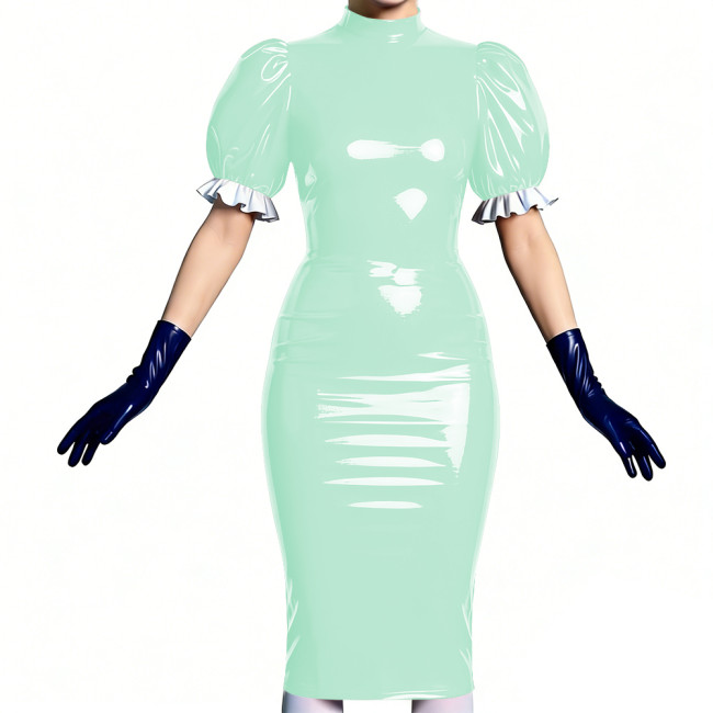 Women's Vinyl PVC Leather Bodycon Dress Shiny Patent Leather Puff Sleeve Midi Dress Party Sexy Slim-Fit Evening Dress No Gloves